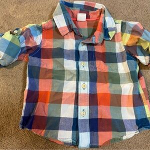 EUC Baby Gap 6-12m Long Sleeve Button Down Plaid Shirt Orange Blue White"